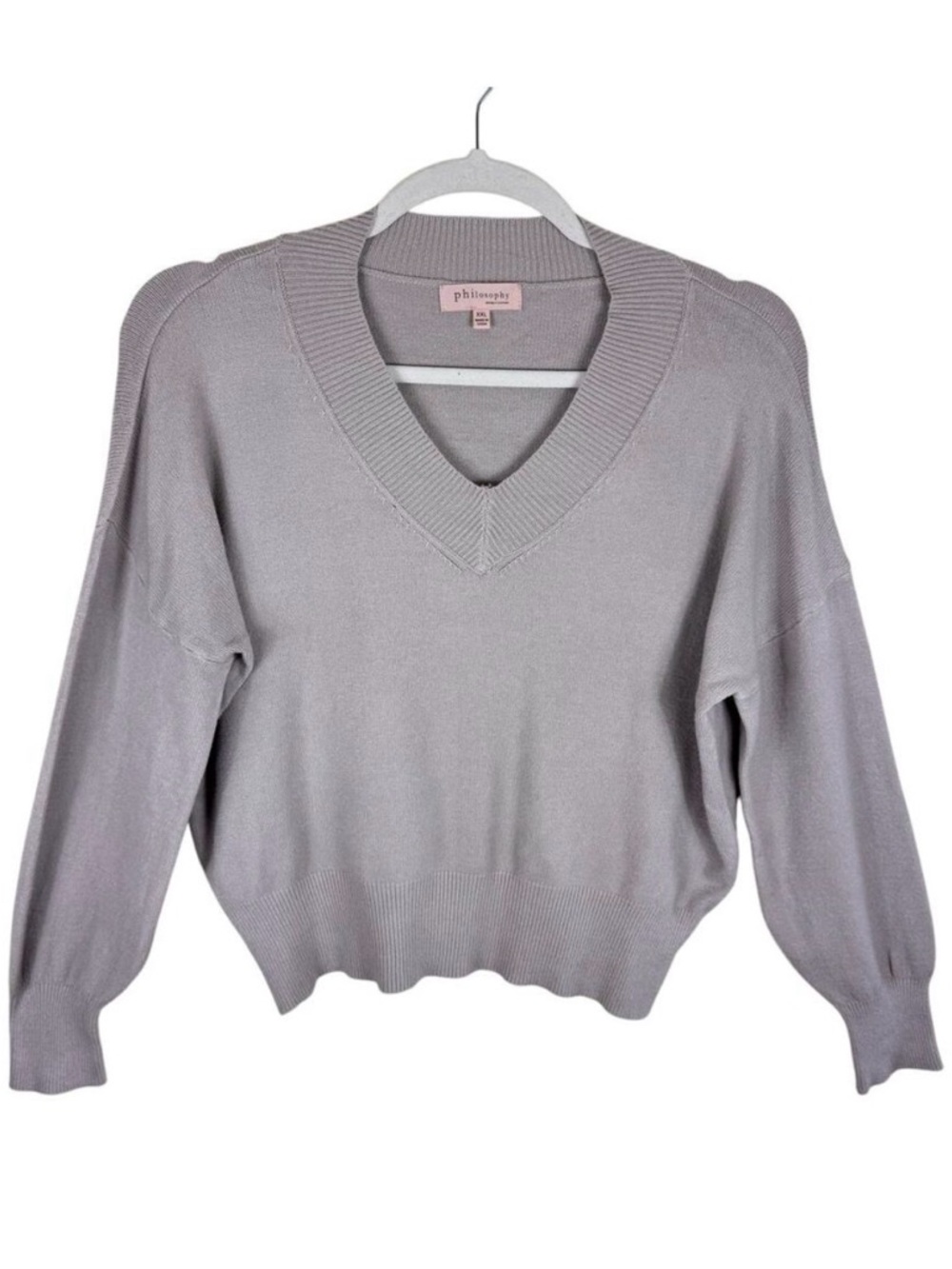 Philosophy Cream Stretchy Tight Knit V-Neck Shorter Fit‎ Pullover Sweater Sz XXL